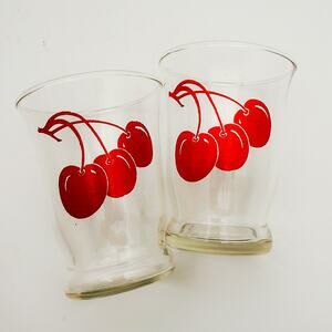Vintage 1950s MCM Libbey Set of 2 Cute Cherry Print Juice/Shot Glasses